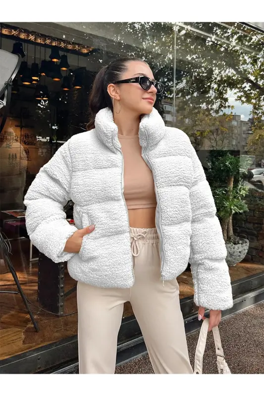 Plush Embossed Teddy Puffer Jacket-ecru - 1