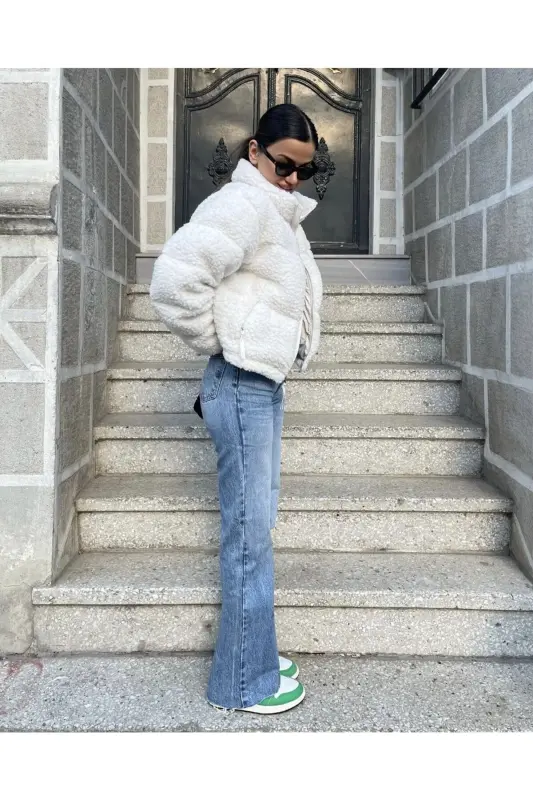Plush Embossed Teddy Puffer Jacket-ecru - 4