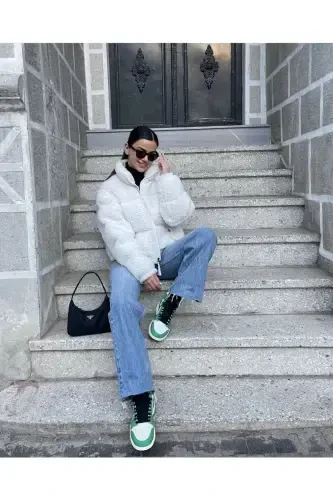 Plush Embossed Teddy Puffer Jacket-ecru - 3