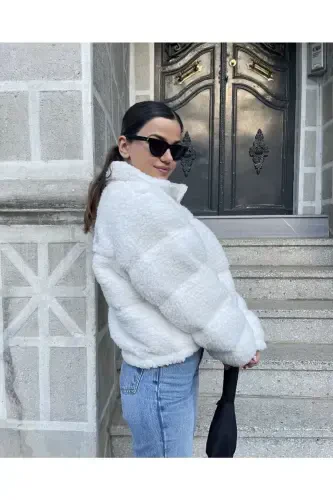 Plush Embossed Teddy Puffer Jacket-ecru - 5