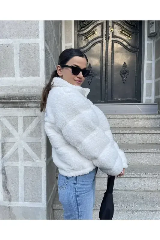 Plush Embossed Teddy Puffer Jacket-ecru - 5