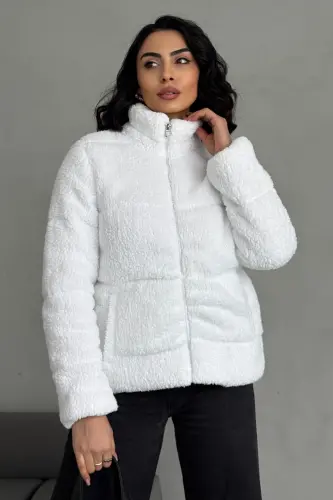 Plush embossed teddy puffer jacket ecru white-ecru white - 1