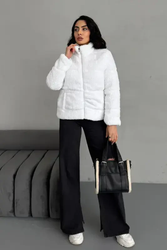 Plush embossed teddy puffer jacket ecru white-ecru white - 4