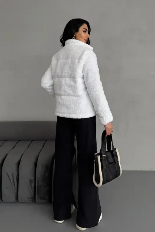 Plush embossed teddy puffer jacket ecru white-ecru white - 5