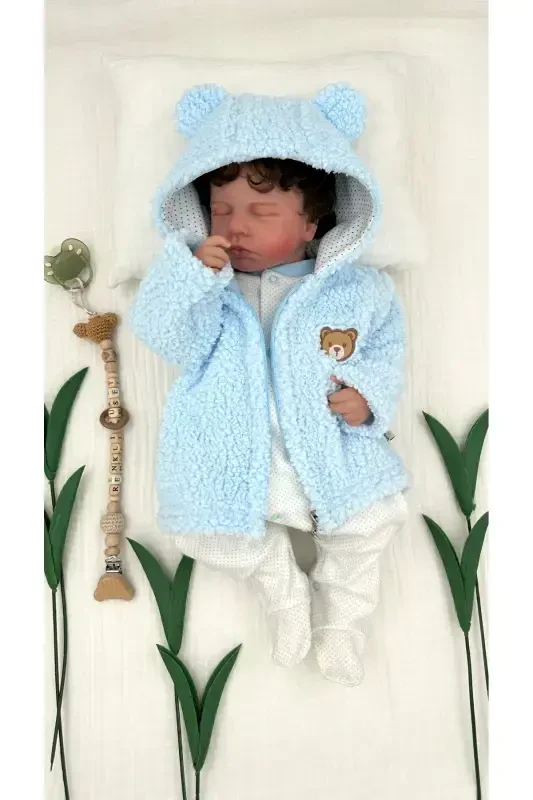 Plush Fleece Baby Hooded Zipper Cardigan Wellsoft Teddy Bear Winter Seasonal-blue - 3