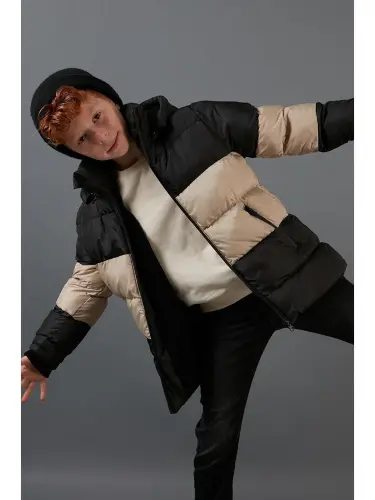 Plush Lined Detachable Hooded Puffer Coat 57611967-Black - 1