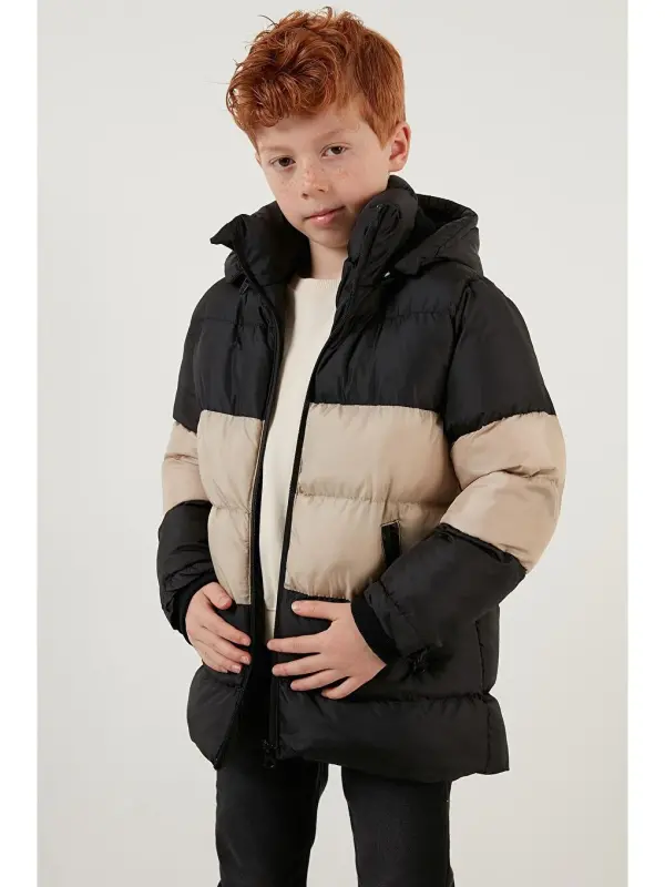 Plush Lined Detachable Hooded Puffer Coat 57611967-Black - 2