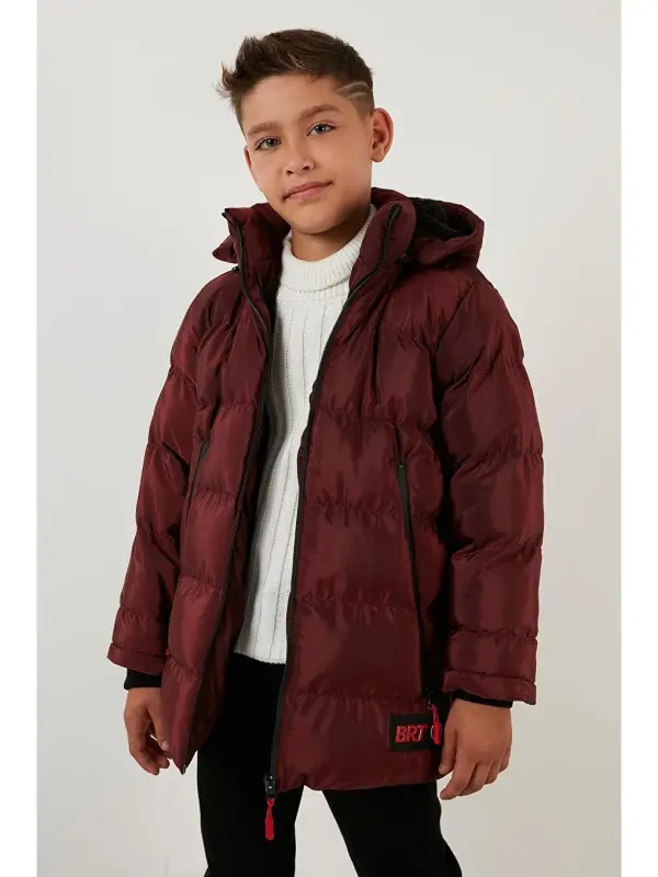 Plush Lined Detachable Hooded Puffer Jacket 5763038-Burgundy - 10