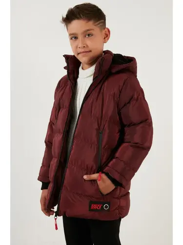Plush Lined Detachable Hooded Puffer Jacket 5763038-Burgundy - 1