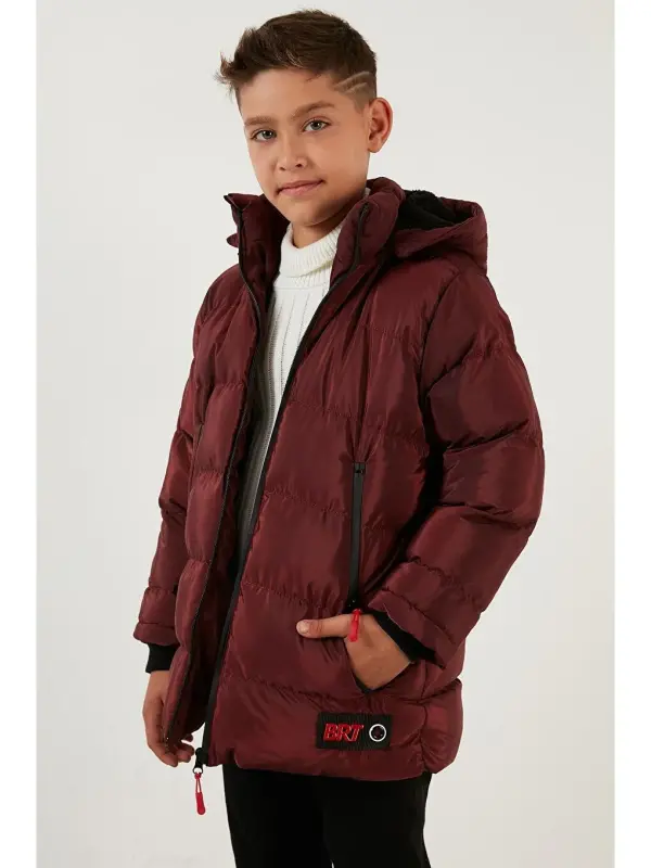 Plush Lined Detachable Hooded Puffer Jacket 5763038-Burgundy - 1
