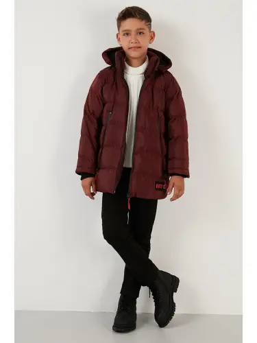 Plush Lined Detachable Hooded Puffer Jacket 5763038-Burgundy - 3