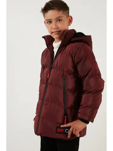 Plush Lined Detachable Hooded Puffer Jacket 5763038-Burgundy - 4