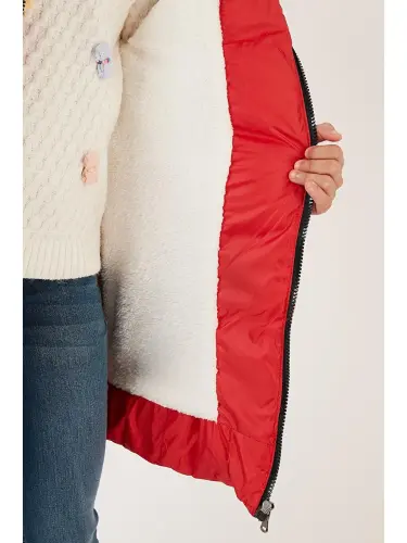 Plush Lined Detachable Hooded Water-Resistant Jacket 5761910-Red - 5