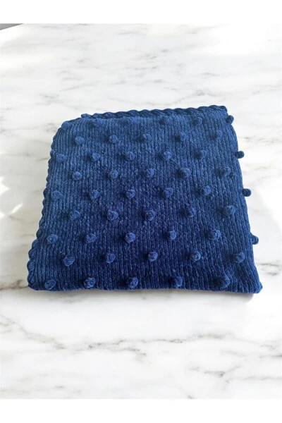 Plush Velvet Yarn Baby Blanket Hand Knitted Bud Pattern Navy Blue - 35
