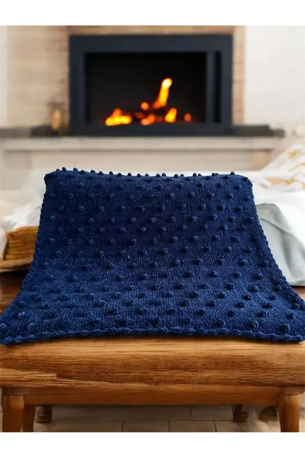 Plush Velvet Yarn Baby Blanket Hand Knitted Bud Pattern Navy Blue - 1