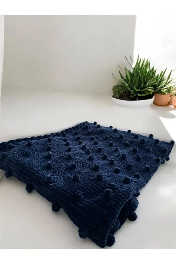 Plush Velvet Yarn Baby Blanket Hand Knitted Bud Pattern Navy Blue - 2