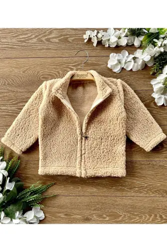 Plush Zippered Kid Cardigan Stand-up Collar Coffee-light brown 