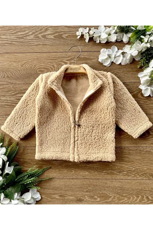 Plush Zippered Kid Cardigan Stand-up Collar Coffee-light brown - 1