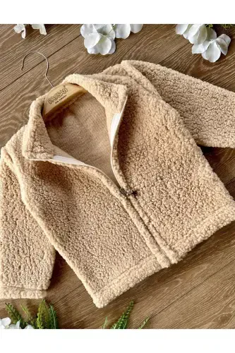 Plush Zippered Kid Cardigan Stand-up Collar Coffee-light brown - PATSAN (1)