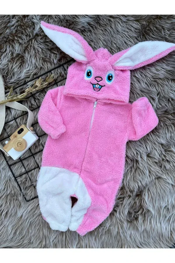 Plush Zippered Winter Bunny Baby Girl Sleepsuit - 6