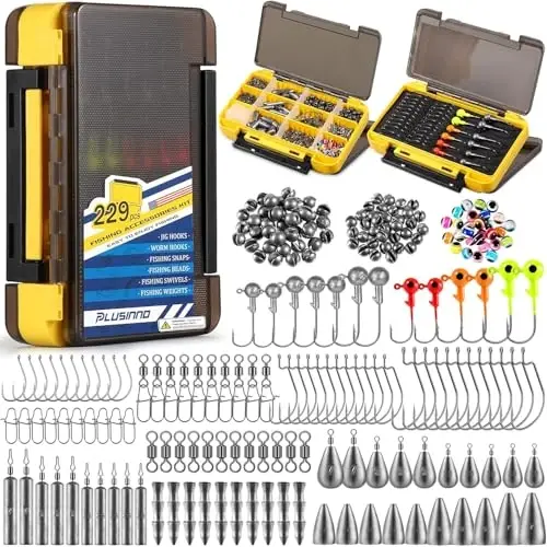 PLUSINNO 253/387pcs Fishing Gear Accessories Kit, Fishing Tackle Box with Tackle Included, Fishing Hooks, Fishing Weights Sinkers, Spinner Blade, Fishing Equipment for Bass Trout Bluegill Crappie - PLUSINNO