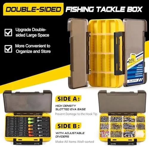 PLUSINNO 253/387pcs Fishing Gear Accessories Kit, Fishing Tackle Box with Tackle Included, Fishing Hooks, Fishing Weights Sinkers, Spinner Blade, Fishing Equipment for Bass Trout Bluegill Crappie - PLUSINNO (1)