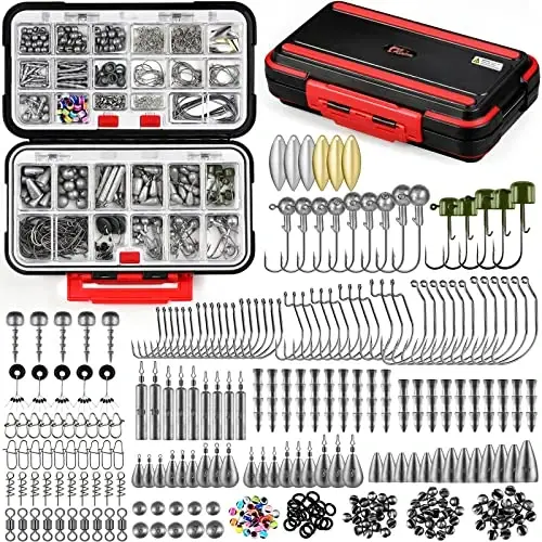 PLUSINNO 253/387pcs Fishing Gear Accessories Kit, Fishing Tackle Box with Tackle Included, Fishing Hooks, Fishing Weights Sinkers, Spinner Blade, Fishing Equipment for Bass Trout Bluegill Crappie 
