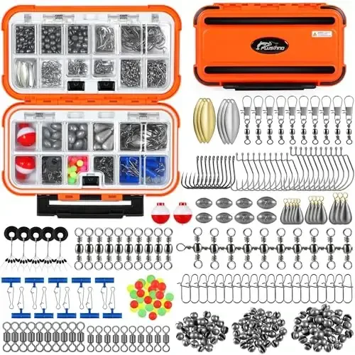 PLUSINNO 253/387pcs Fishing Gear Accessories Kit, Fishing Tackle Box with Tackle Included, Fishing Hooks, Fishing Weights Sinkers, Spinner Blade, Fishing Equipment for Bass Trout Bluegill Crappie 