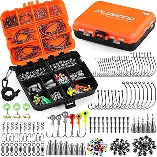 PLUSINNO 253/387pcs Fishing Gear Accessories Kit, Fishing Tackle Box with Tackle Included, Fishing Hooks, Fishing Weights Sinkers, Spinner Blade, Fishing Equipment for Bass Trout Bluegill Crappie - 1