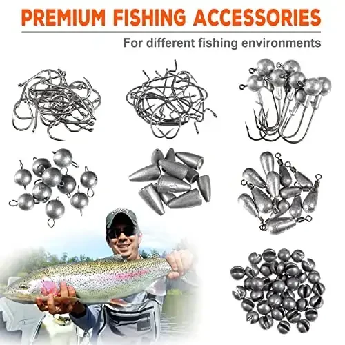 PLUSINNO 264/397pcs Fishing Accessories Kit, Organized Fishing Tackle Box with Tackle Included, Fishing Hooks, Fishing Weights Sinkers, Swivels, Beads, Fishing Gear Set Equipment for Bass Trout - 6