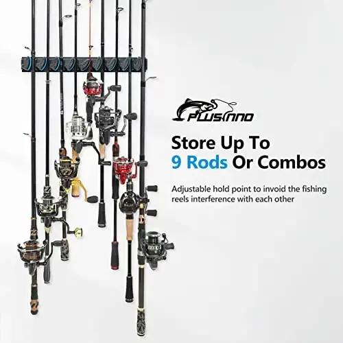 PLUSINNO 2 pack Vertical Fishing Rod rack, Wall Mounted Fishing Rod holder, 2 Packs Fishing Pole Holders Hold Up to 18 Rods or Combos, Fishing rod holders for garage, Fishing Gear and Gifts for Men - PLUSINNO (1)