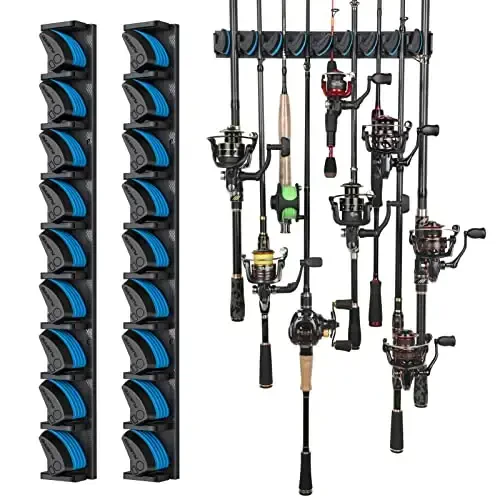 PLUSINNO 2 pack Vertical Fishing Rod rack, Wall Mounted Fishing Rod holder, 2 Packs Fishing Pole Holders Hold Up to 18 Rods or Combos, Fishing rod holders for garage, Fits Most Rods of Diameter 3-18mm 