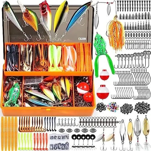 PLUSINNO 353/404 PCS Fishing Lures, Upgrade Fishing Tackle Box with Tackle Included, Crankbaits, Hooks, Weights, Other Accessories, Fishing Lure Bait Gear Equipment Kit Gift for Men Freshwater Bass 