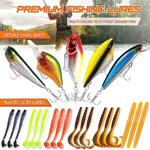PLUSINNO Fishing Lures Tackle Box - Compact Fishing Gear for Bass Trout | Tackle Included, All-in-One Kit, Fishing Essential Gift for Men Beginner Starters, 12 Rigs, for Freshwater Topwater Lake - 1