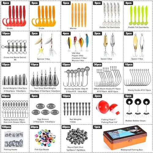 PLUSINNO 353/404 PCS Baliq ovlash uchun o‘lja, yangilangan baliq ovlash qutisi, krankbeytlar, ilgaklar, og‘irliklar, boshqa aksessuarlar, baliq ovlash uchun o‘lja uskunalar to‘plami erkaklar uchun chuchuk suv bass uchun sovg‘a - PLUSINNO
