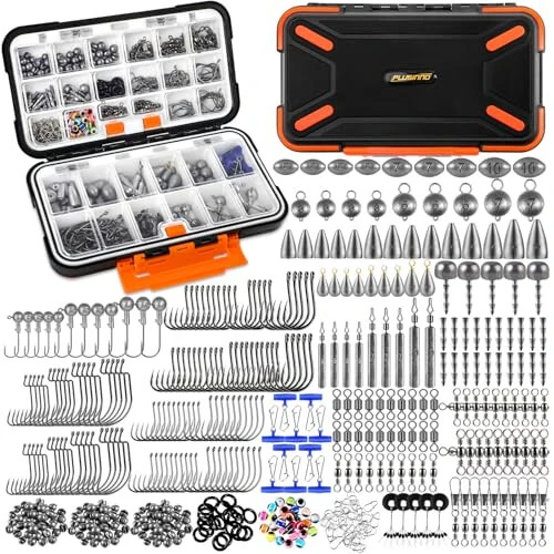 PLUSINNO 264/397pcs Fishing Accessories Kit, Organized Fishing Tackle Box with Tackle Included, Fishing Hooks, Fishing Weights Sinkers, Swivels, Beads, Fishing Gear Set Equipment for Bass Trout - PLUSINNO