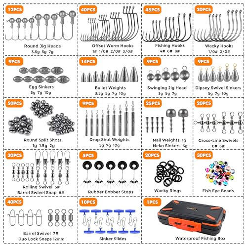 PLUSINNO 397pcs Fishing Accessories Kit, Fishing Tackle Box with Tackle Included, Hooks, Weights, Jig Heads, Swivels Snaps Combined into 12 Rigs, Fishing Gear Equipment for Bass - 5