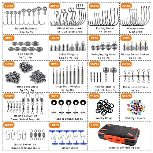 PLUSINNO 397pcs Fishing Accessories Kit, Fishing Tackle Box with Tackle Included, Hooks, Weights, Jig Heads, Swivels Snaps Combined into 12 Rigs, Fishing Gear Equipment for Bass - 5