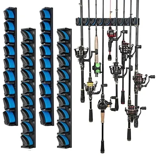 PLUSINNO 4 Pack Vertical Fishing Rod Rack, Wall Mounted Fishing Rod holder, 4 Packs Fishing Pole Holders Hold Up to 36 Rods or Combos, Fishing rod holders for garage, Fishing Gear and Gifts for Men 