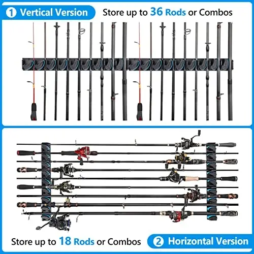 PLUSINNO 4 Pack Vertical Fishing Rod Rack, Wall Mounted Fishing Rod holder, 4 Packs Fishing Pole Holders Hold Up to 36 Rods or Combos, Fishing rod holders for garage, Fishing Gear and Gifts for Men - 5