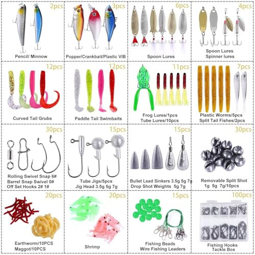 PLUSINNO Baliq Ovlash Yemlari To'plami, Crankbait, Spinnerbait, Plastik Qurtlar, Jiglar, Su Yuzasi Yemlari, Asboblar Qutisi va Boshqa Baliq Ovlash Asboblari To'plami, 102/302 dona Baliq Ovlash Yemi To'plami - PLUSINNO (1)
