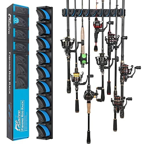 PLUSINNO Vertical Fishing Rod Holder, Wall Mounted Fishing Rod Rack, Fishing Pole Holder Holds Up to 9 Rods or Combos, Fishing Rod Holders for Garage, Fits Most Rods of Diameter 3-19mm - PLUSINNO