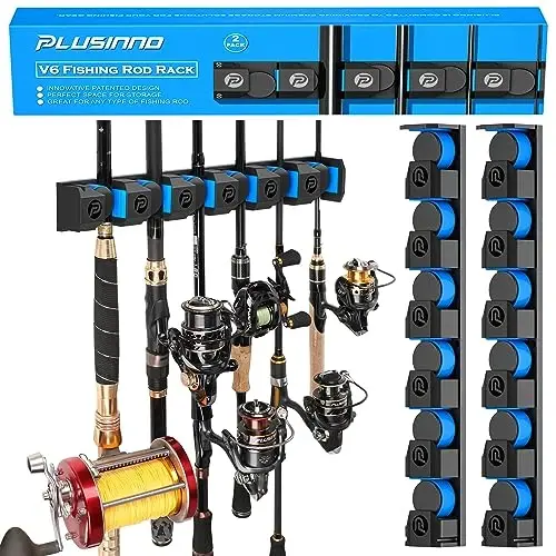 PLUSINNO Fishing Gifts for Men - V6 Vertical Fishing Rod/Pole Holders, Support Extra Large & Heavy Fishing Rod Combos, Fishing Rod Holders for Garage, Wall Mounted Fishing Rod Rack Storage - 1