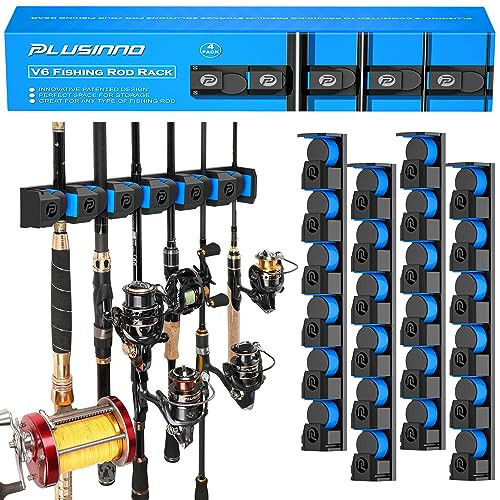 PLUSINNO Fishing Gifts for Men - V6 Vertical Fishing Rod/Pole Holders, Support Extra Large & Heavy Fishing Rod Combos, Fishing Rod Holders for Garage, Wall Mounted Fishing Rod Rack Storage - 1