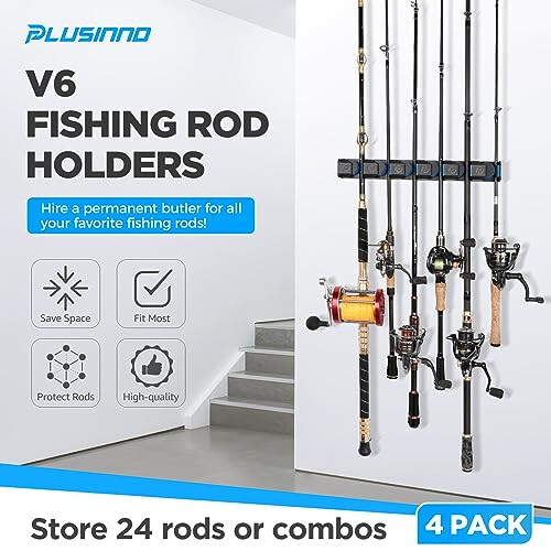 PLUSINNO Fishing Gifts for Men - V6 Vertical Fishing Rod/Pole Holders, Support Extra Large & Heavy Fishing Rod Combos, Fishing Rod Holders for Garage, Wall Mounted Fishing Rod Rack Storage - 2