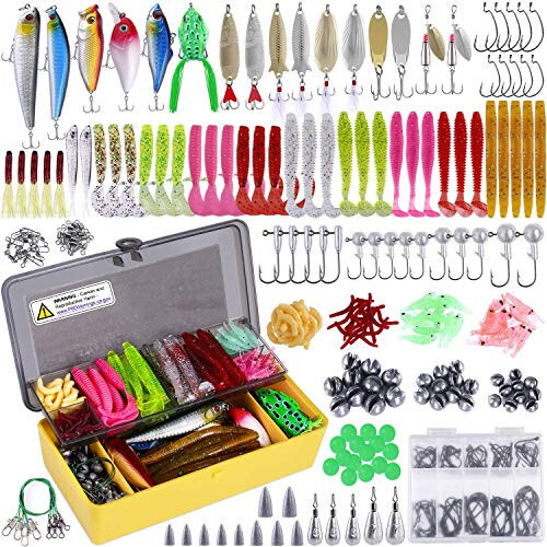 PLUSINNO Fishing Lures Baits Tackle Including Crankbaits, Spinnerbaits, Plastic Worms, Jigs, Topwater Lures, Tackle Box and More Fishing Gear Lures Kit Set, 102/302Pcs Fishing Lure Tackle - 1