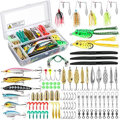 PLUSINNO Fishing Lures Baits Tackle Including Crankbaits, Spinnerbaits, Plastic Worms, Jigs, Topwater Lures, Tackle Box and More Fishing Gear Lures Kit Set, 102/302Pcs Fishing Lure Tackle - 1