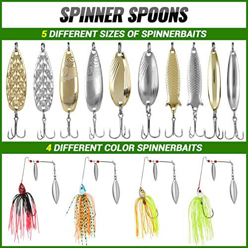 PLUSINNO Fishing Lures Baits Tackle Including Crankbaits, Spinnerbaits, Plastic Worms, Jigs, Topwater Lures, Tackle Box and More Fishing Gear Lures Kit Set, 102/302Pcs Fishing Lure Tackle - 5