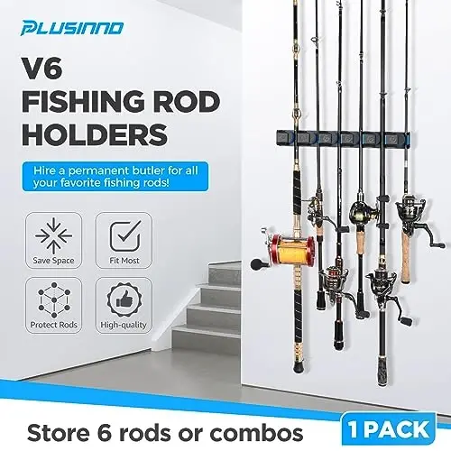 PLUSINNO Fishing Rod Holders - V6 Extra Large va og'ir baliq ovlash uchun vertikal tayanch, garaj va devorga o'rnatilgan tokchali saqlash moslamasi - 2
