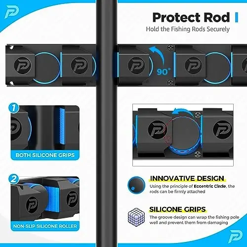 PLUSINNO Fishing Rod Holders - V6 Extra Large va og'ir baliq ovlash uchun vertikal tayanch, garaj va devorga o'rnatilgan tokchali saqlash moslamasi - 4